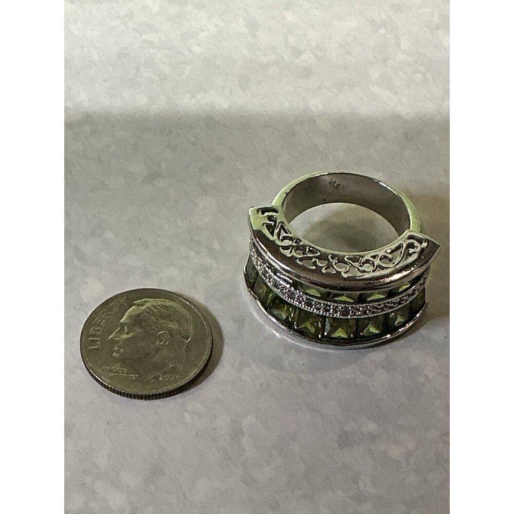 Park Lane Ring Olive Green Silver Tone Faceted Pave CZs Cocktail Statement SZ 7 - Picture 8 of 14